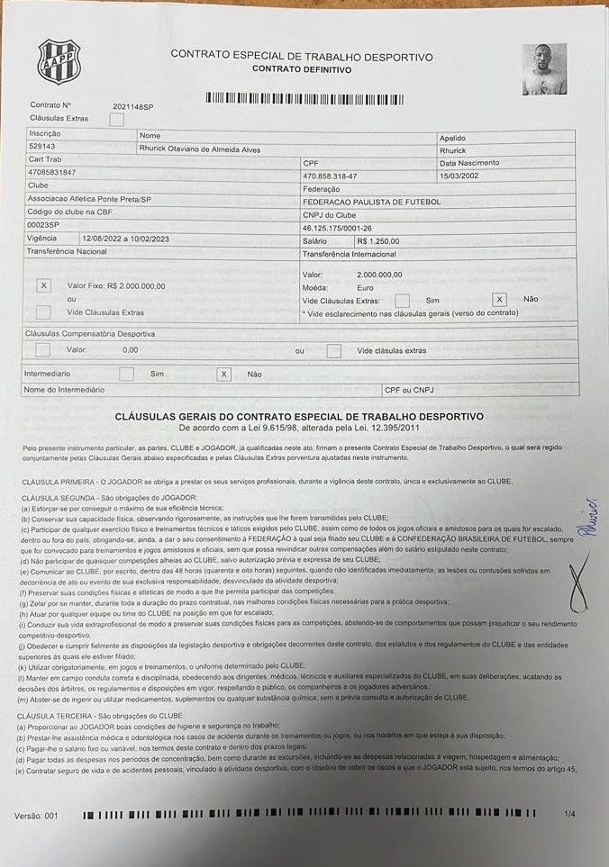 CONTRATO ESPECIAL DE TRABALHO DESPORTIVO RHURICK O. DE ALMEIDA ALVES                                                                                                                                                                                          